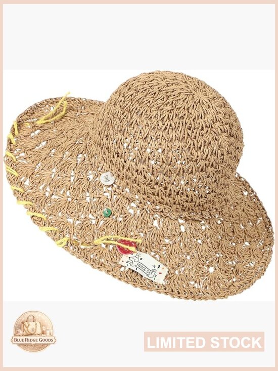 Handmade Woven Straw Bucket Hat Wide Brim with Patch UV Protection main image 4